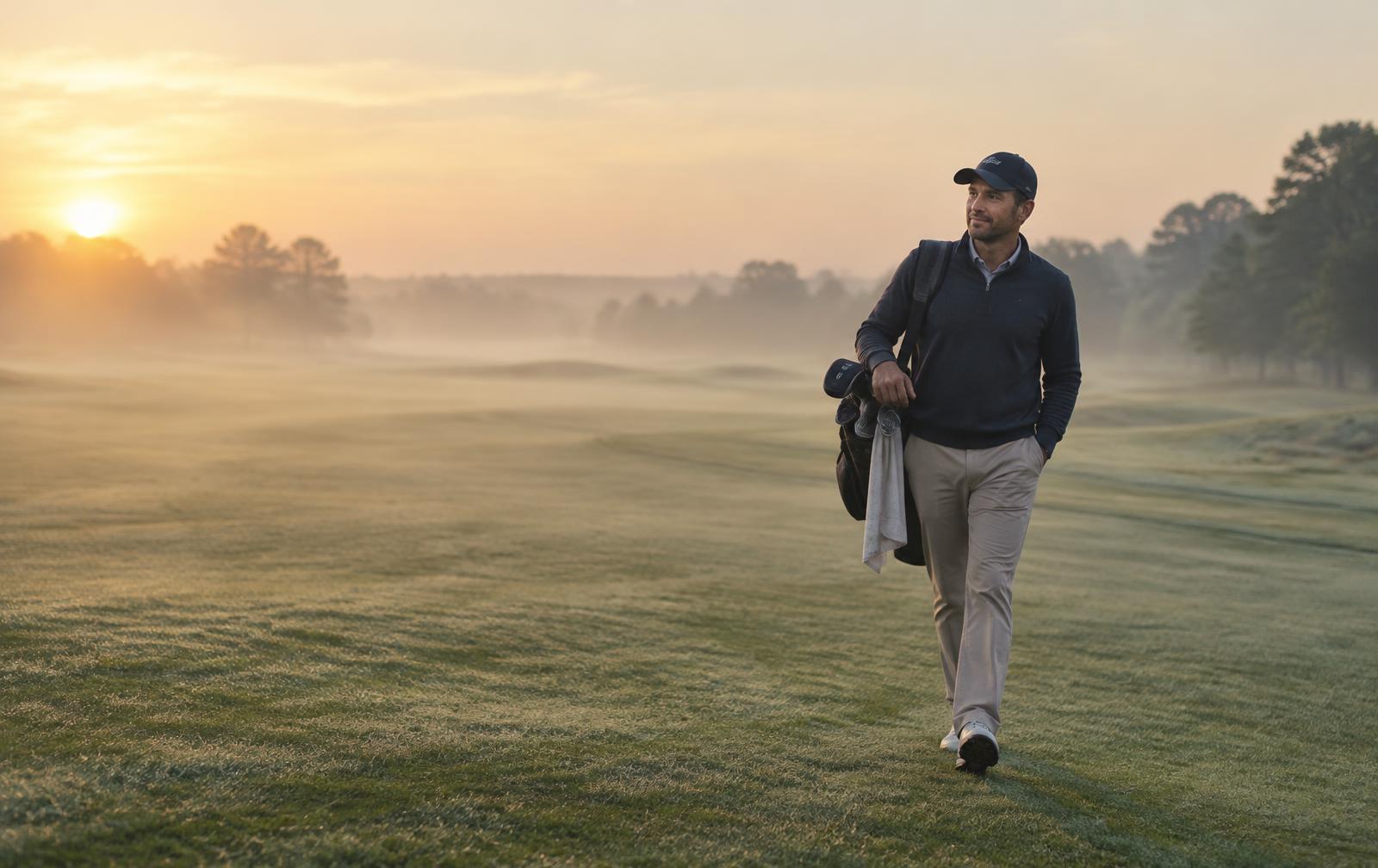 Golfer walking off a misty fairway at sunrise
