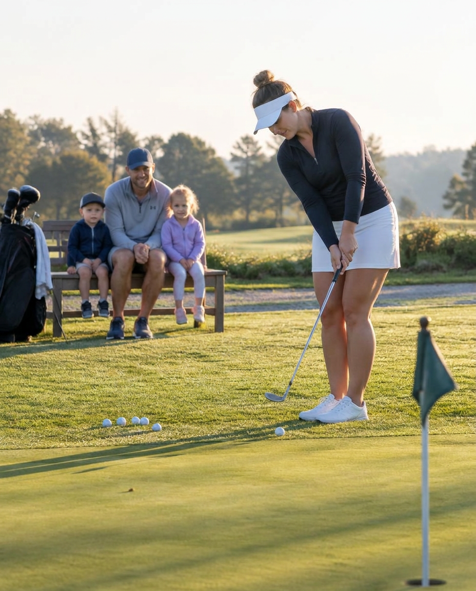 Lucy Davidson practicing chip shots while her family watches